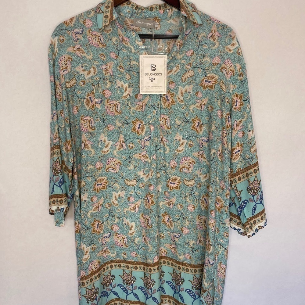 NWT Belongsci Paisley Floral Collared V-Neck Shirt Dress Mini High-Low Small NEW